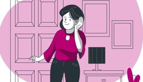 Grafika przedstawia kobietę słuchajacą komunikatu