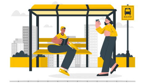 Grafika dekoracyjna, przedstawia dwie osoby na przystanku autobusowym. Grafika ilustruje komunikat od lokalnego przewoźnika autobusowego dla uczniów.