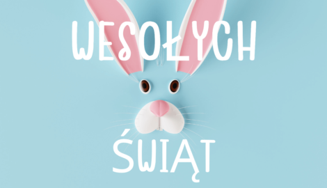 Obrazek dekoracyjny. Grafika przedstawia królika symbolizującego Święta Wielkanocne oraz napis: Wesołych Świąt.