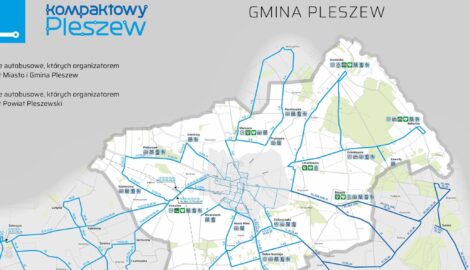 Obrazek prezentuje mapę powiatu pleszewskiego. Obrazek ilustruje wpis wyjaśniający zmiany w rozkładach jazdy autobusów.