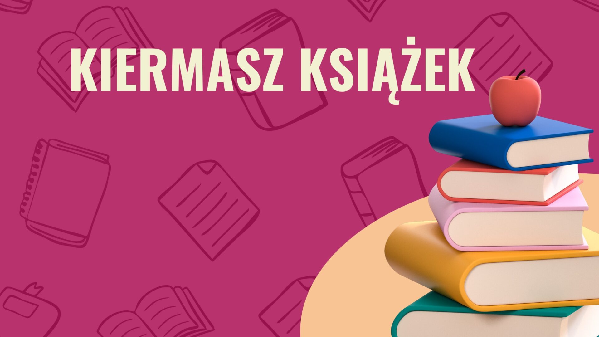 Grafika dekoracyjna prezentująca książki położone jedna na drugą oraz napis "kiermasz książek".