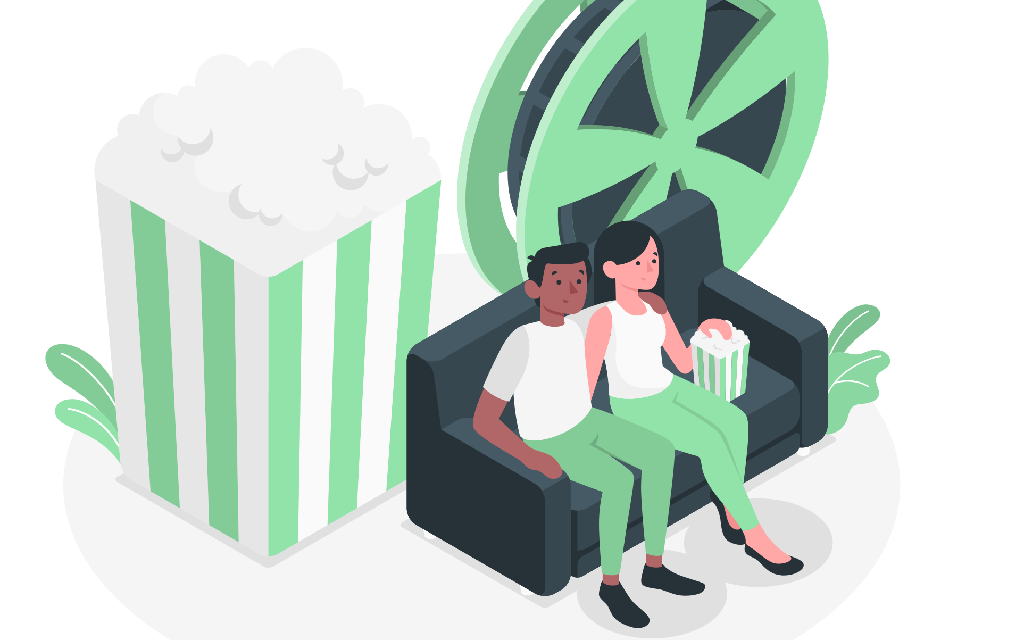 Na grafice: para siedząca na kanapie i oglądająca film. Za nimi wielką rolka filmu.