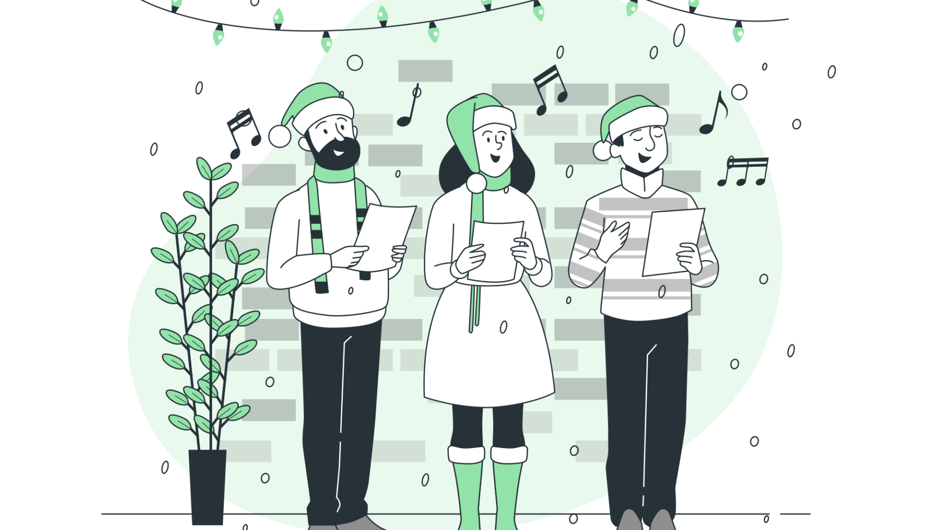Grafika ilustracyjna do wpisu ze świątecznymi życzeniami. Na grafice grupa osób śpiewających kolendy.