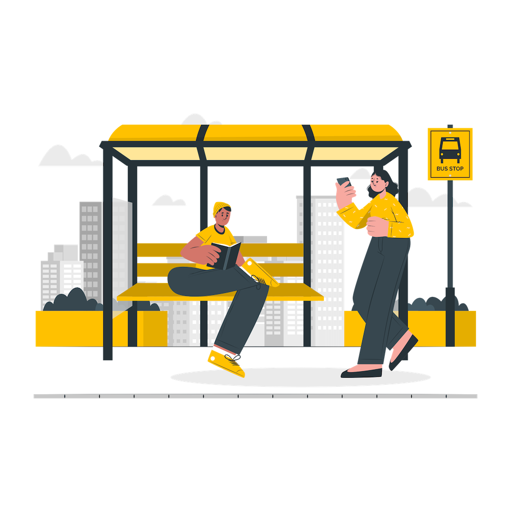 Grafika dekoracyjna, przedstawia dwie osoby na przystanku autobusowym. Grafika ilustruje komunikat od lokalnego przewoźnika autobusowego dla uczniów.